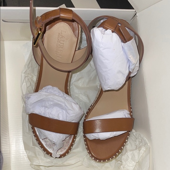 Lauren Ralph Lauren Brown Leather Wedge Sandals - Picture 7 of 8